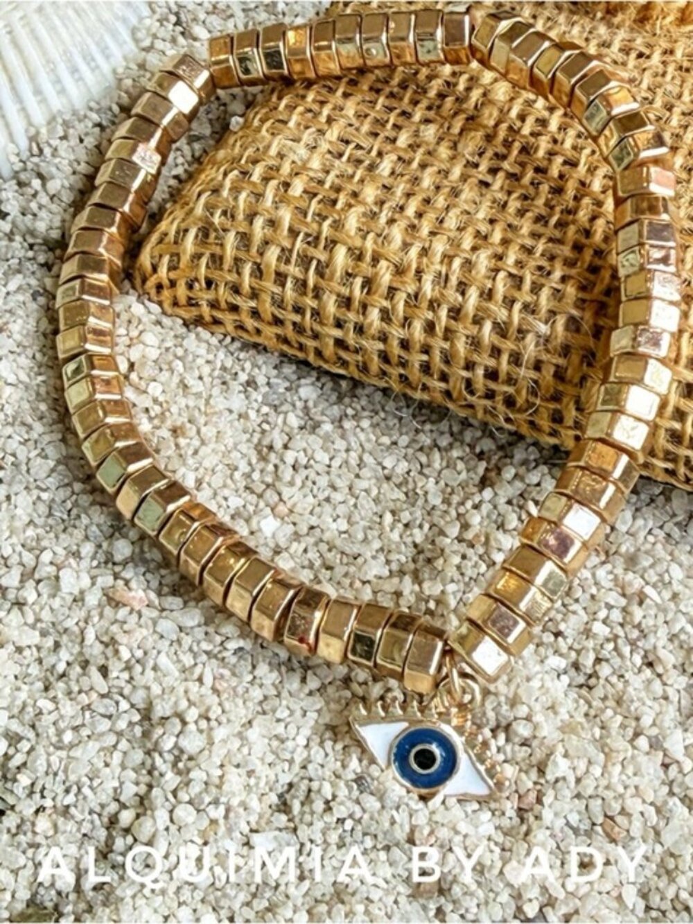 Alquimia Gold Beaded Bracelet with Blue Evil Eye Pendant